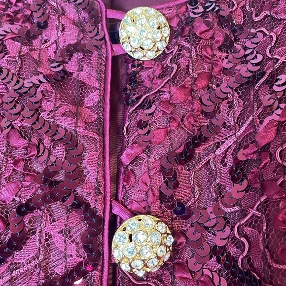 Neiman Marcus Glitter Sequin Embroidered Lace Jacket with Jewel Button Front. 16 - Picture 4 of 12